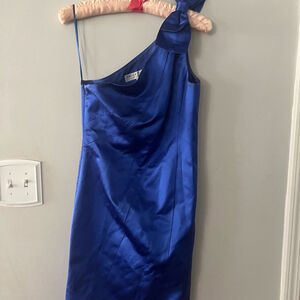 Trina Turk Blue Ruched One-Shoulder Cocktail Dress. New Year Holiday Event